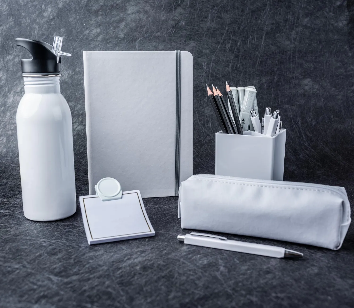 Stationery set blank stainless steel bottle, pencils, pen, sticky notes and pencil case