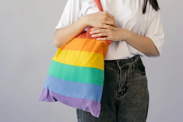 a person holding a rainbow tote bag for how to customize a tote bag