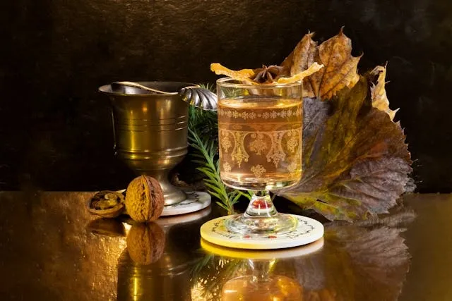 a still life with a glass and some foliage for ceramic coaster ideas