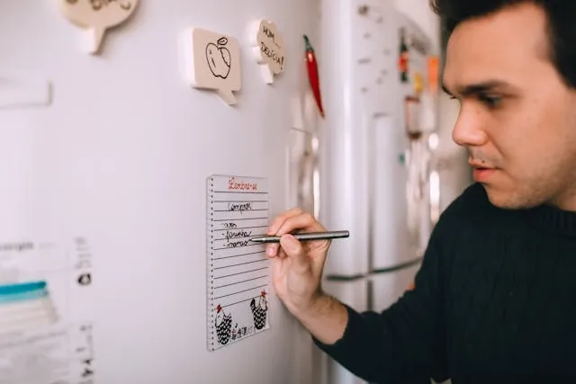 a person writing a reminder on a fridge magnet for what objects do magnets stick to