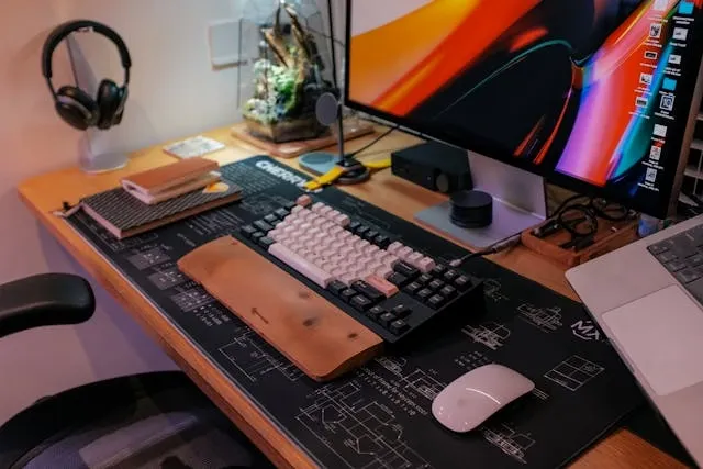 a modern workspace with a computer for can you wash mouse pads