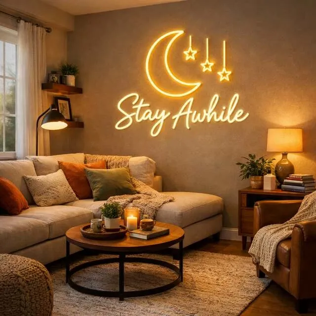 a comfortable living room with a large neon sign on the wall for living room wall decor ideas