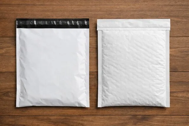a poly mailer and a bubble mailer side by side for poly mailer vs bubble mailer