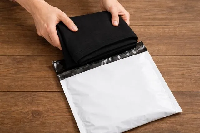 someone putting a folded t-shirt into a poly mailer for poly mailer vs bubble mailer