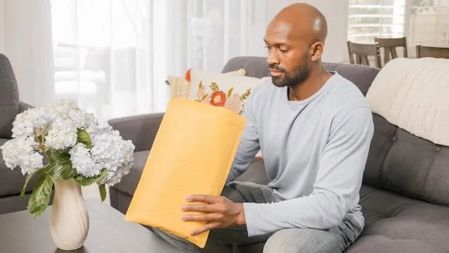 a person opening a package while sitting on a couch for what is a poly mailer