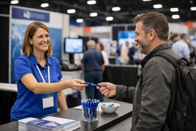 a person handing a pen to another person at a trade show for best tradeshow giveaways