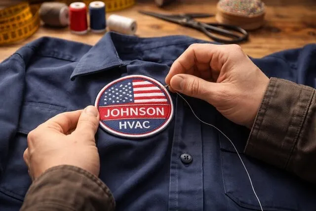 a person sewing a patch onto a shirt for how to sew a patch on a uniform by hand