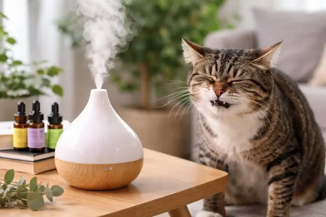 a cat winces beside an aroma diffuser for air freshener safe for cats