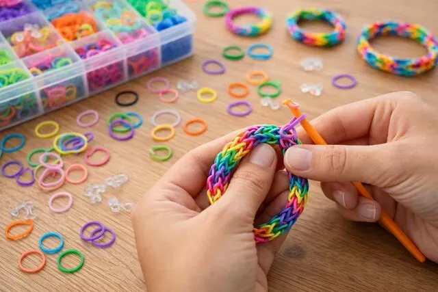 a person creating a wristband out of colored rubber bands for how to make rubber wristbands