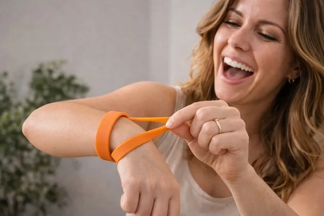 a person laughing while stretching their wristband on their wrist for how to shrink rubber bracelets
