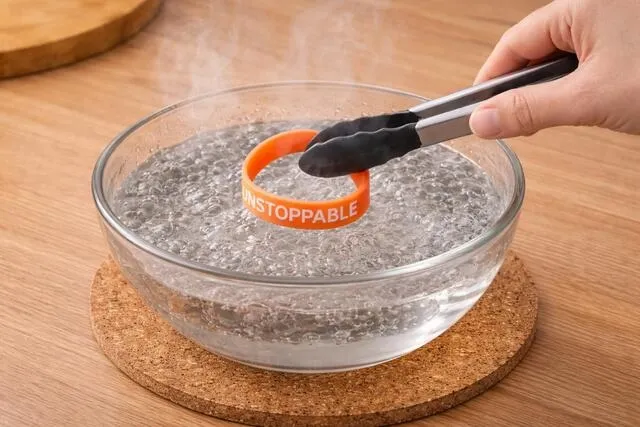 a person lowering a wristband into hot water with tongs for how to shrink rubber bracelets