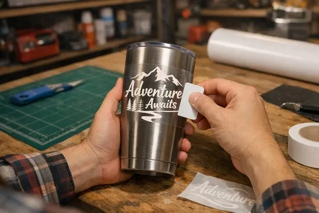 a person applying a vinyl decal to a tumbler for how to seal vinyl on tumblers