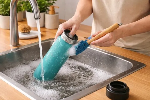 someone washing a water bottle in a sink for how to clean water bottle