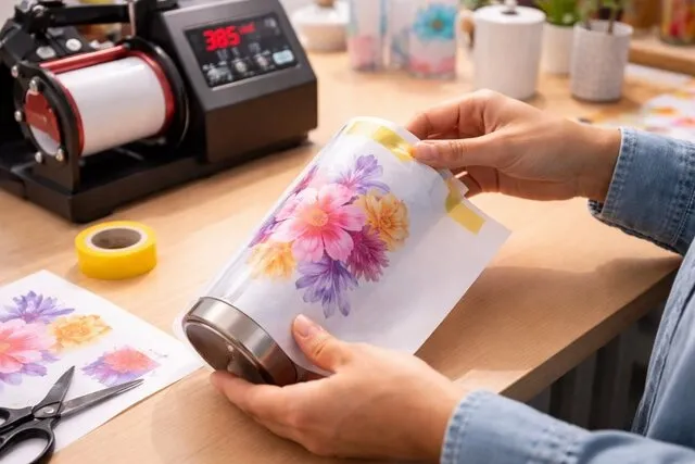 a person preparing to add a sublimation print to a tumbler for what is a sublimation tumbler