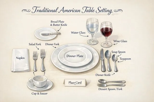 a diagram of a traditional american table set up for american table setting