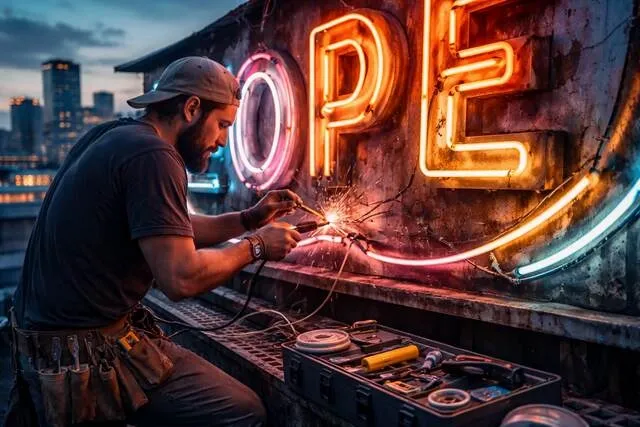 a technician repairing a neon sign outdoors for can neon signs be repaired