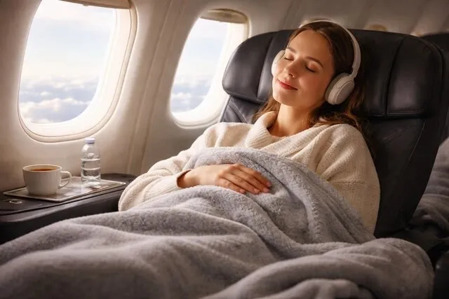 a person relaxes under a blanket while flying for can you bring a blanket on a plane