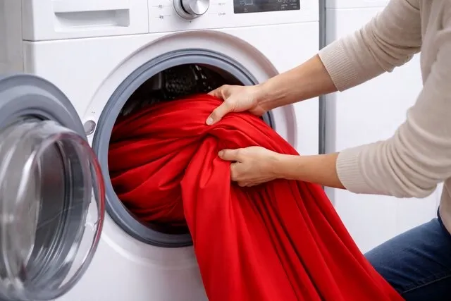 someone loading a red tablecloth into a washing machine for how to wash spandex table covers