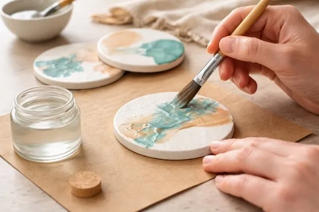 a person applying sealant to a coaster with a brush for how to seal ceramic coasters