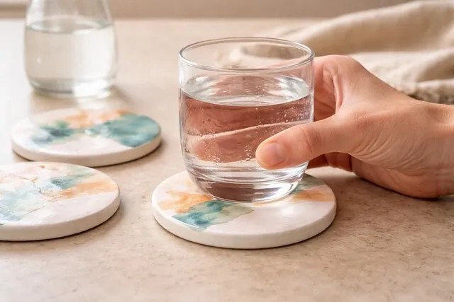 a person places a glass of water on a coaster for how to seal ceramic coasters
