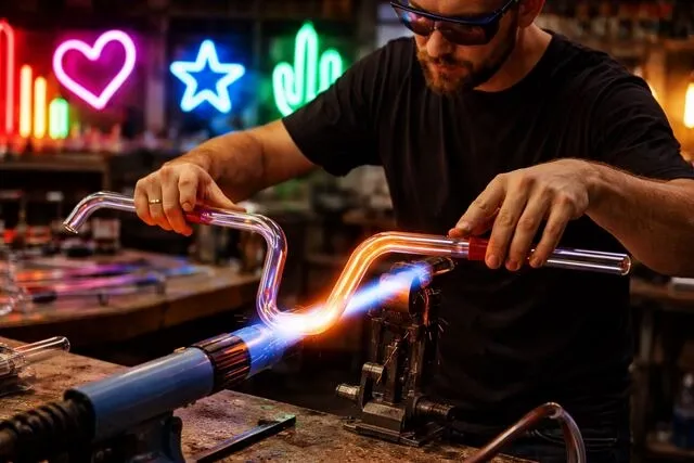 a technician bends neon glass tubing for how to fix neon sign