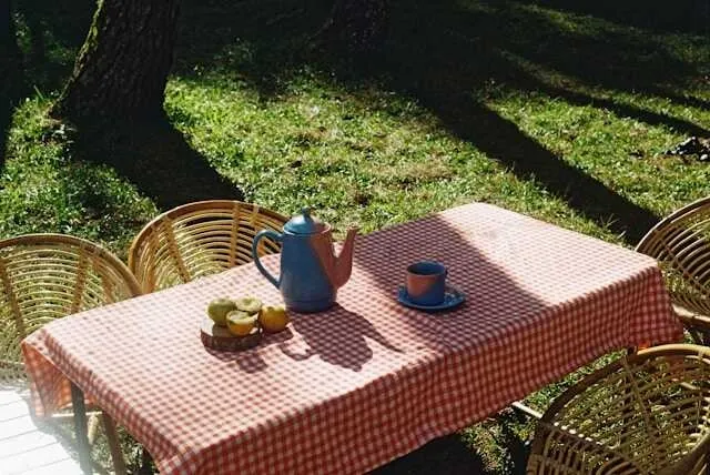 an al fresco afternoon tea setup for how to decorate with plastic tablecloths