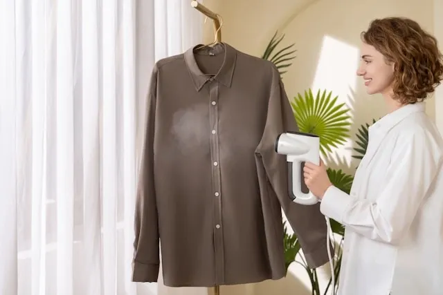 a person using a handheld steamer for how to steam tablecloths
