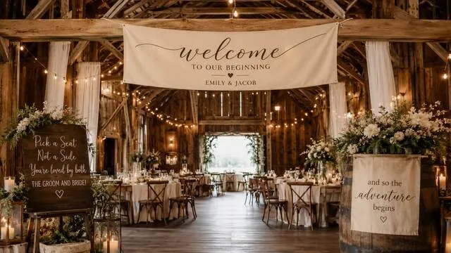 fabric banners at a rustic wedding for wedding neon sign alternatives fabric banners at a rustic wedding for wedding neon sign alternatives