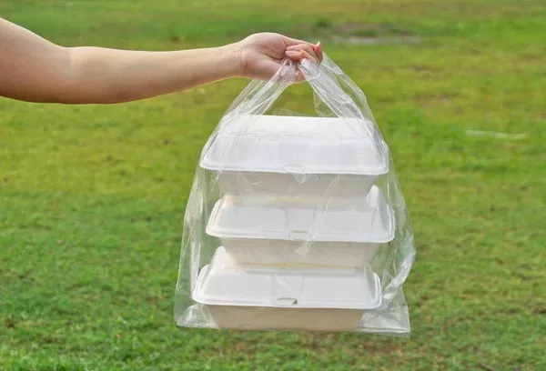 Woman holding styrofoam packing in plastic bag Woman holding styrofoam packing in plastic bag