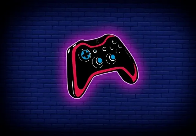 A gaming setup illuminated by blue neon lighting