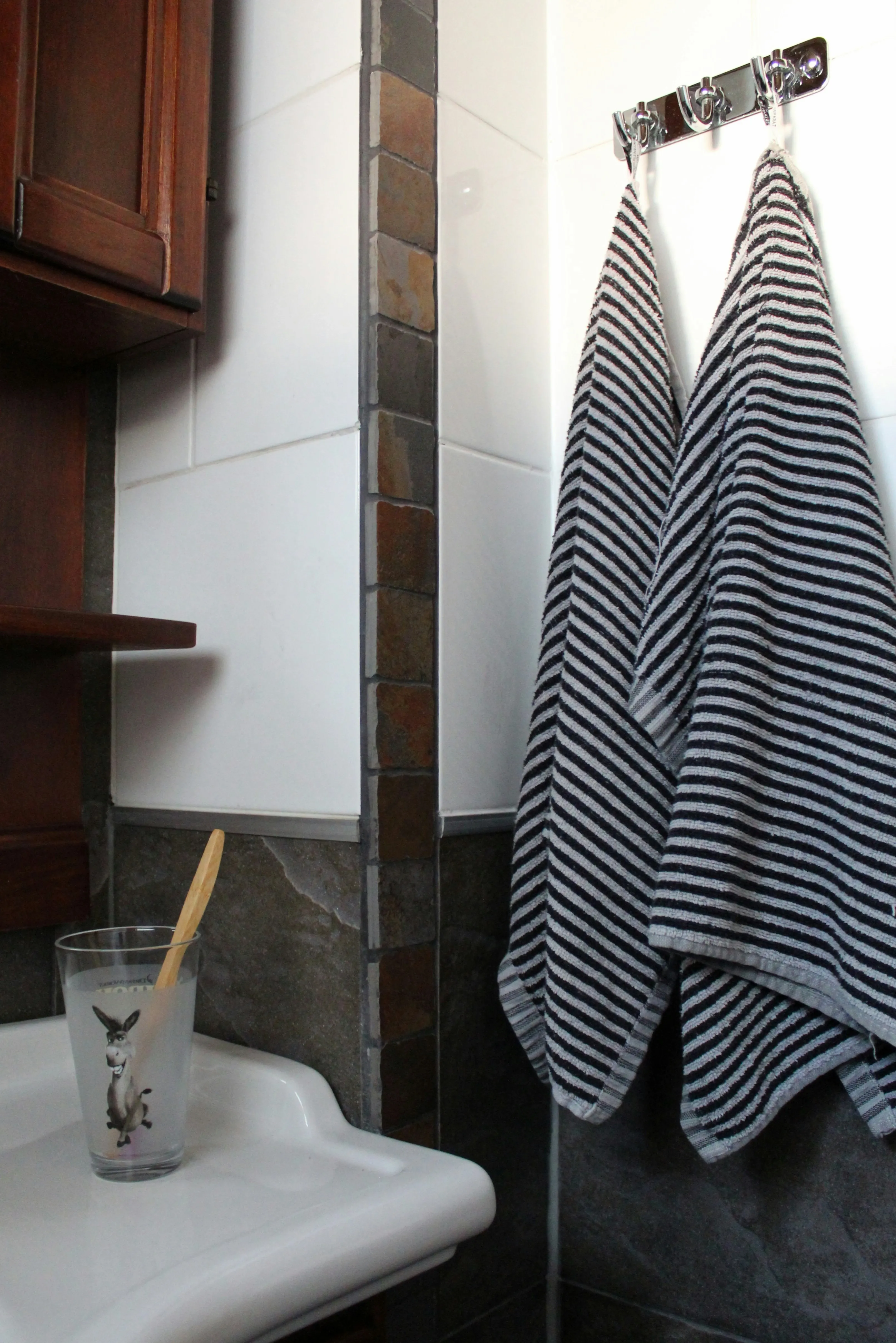 Two kitchen towels hanging from wall