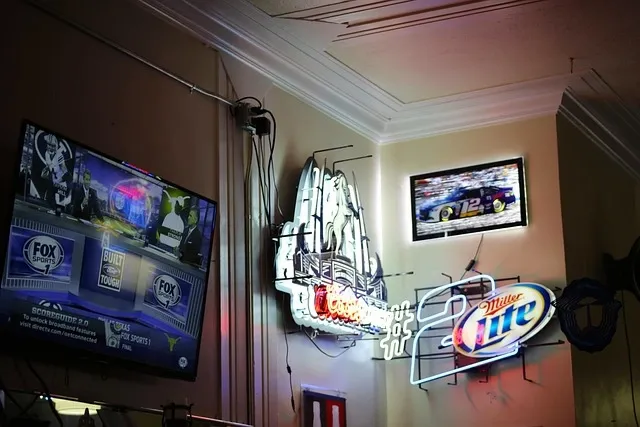 A modern room illuminated with warm neon lighting