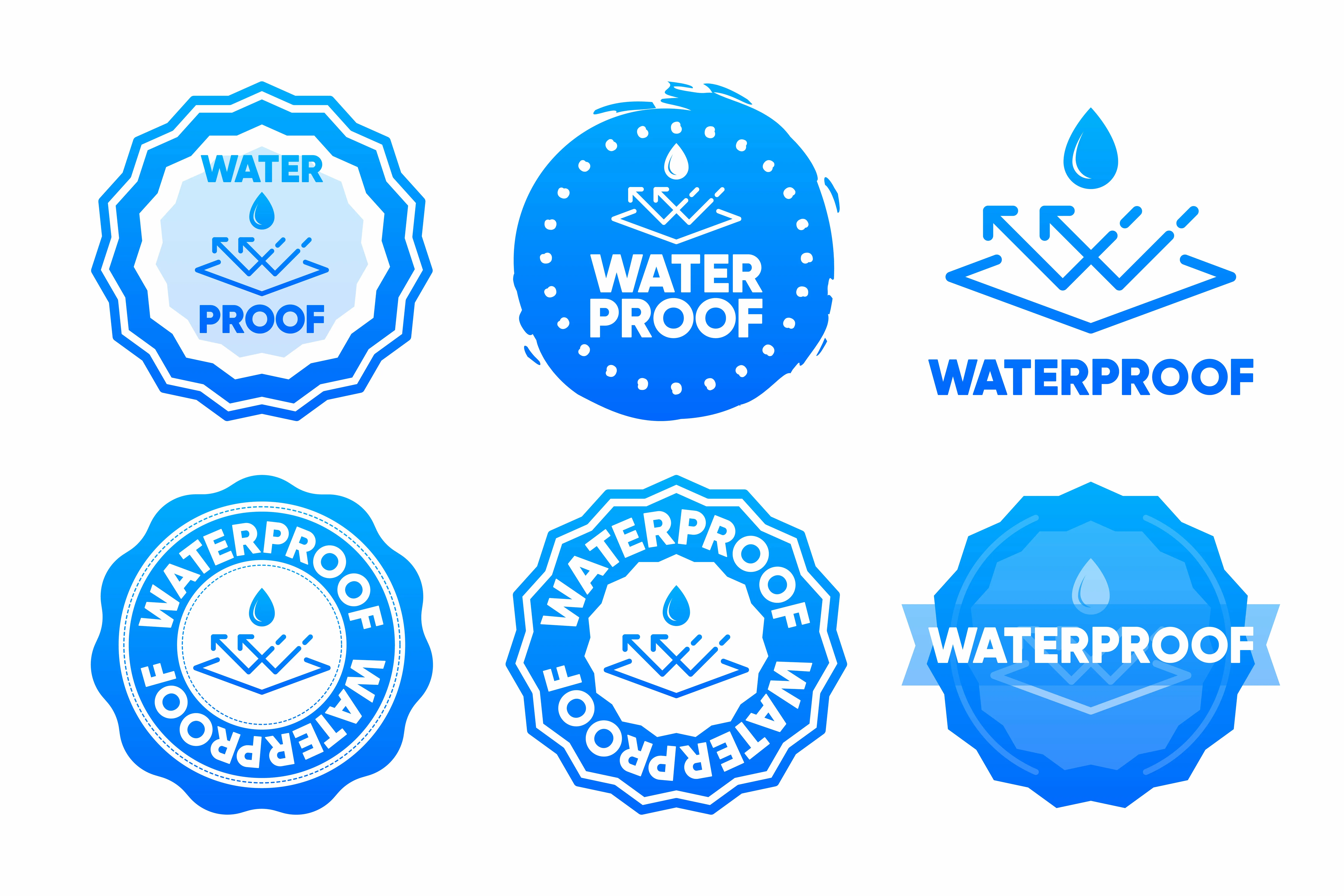 Waterproof stamps water resistant icons for package water drop protection concept logo