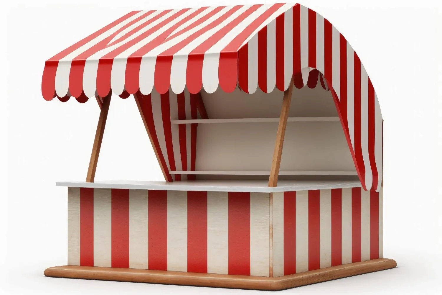 A red and white striped kiosk with the word shop