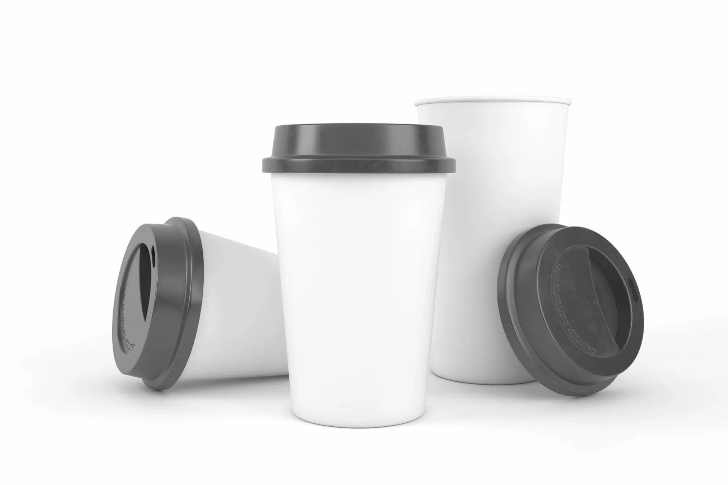 Three different sizes of coffee cups perspective side in white background