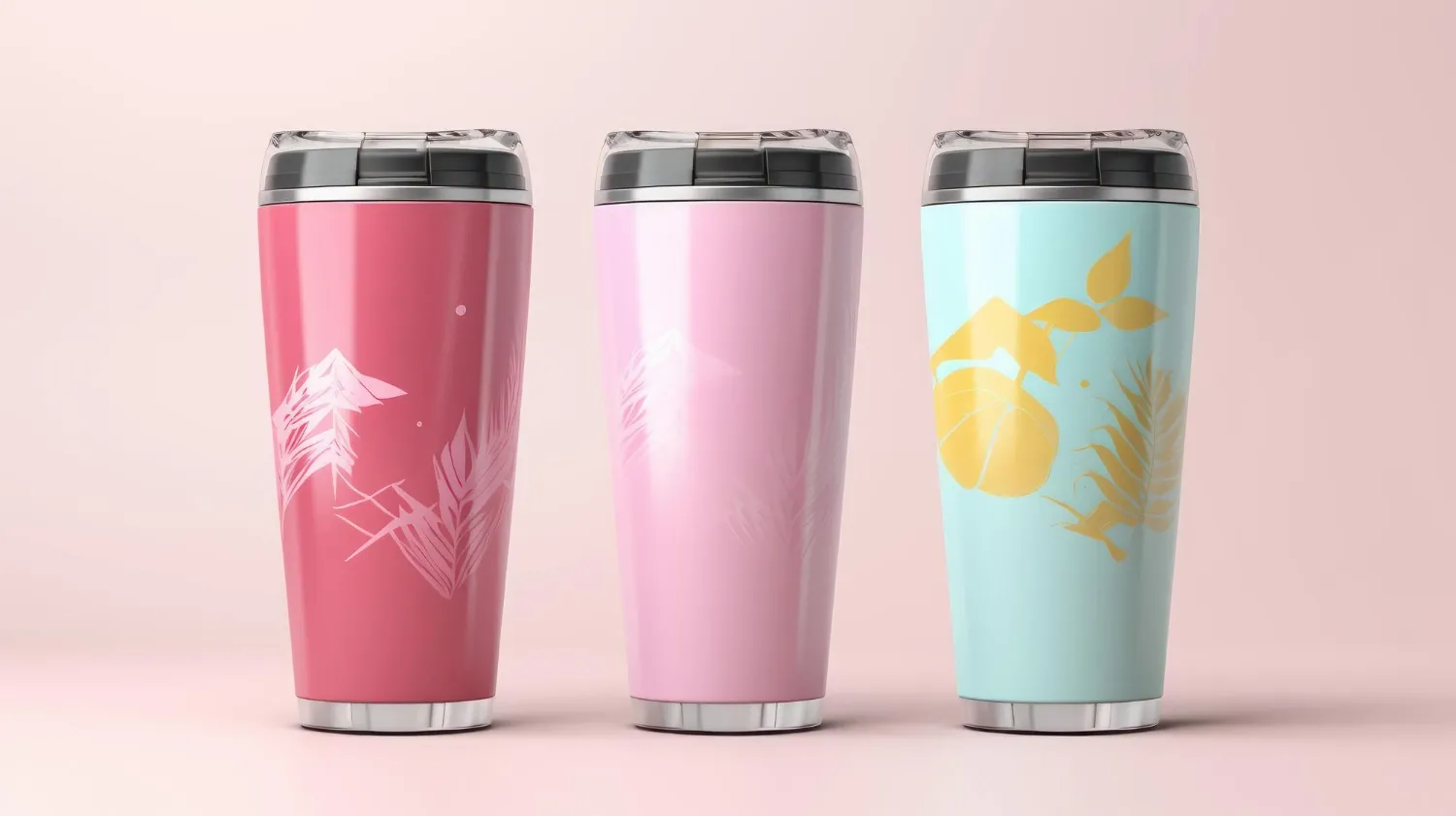 Coffee tumblers on pink background