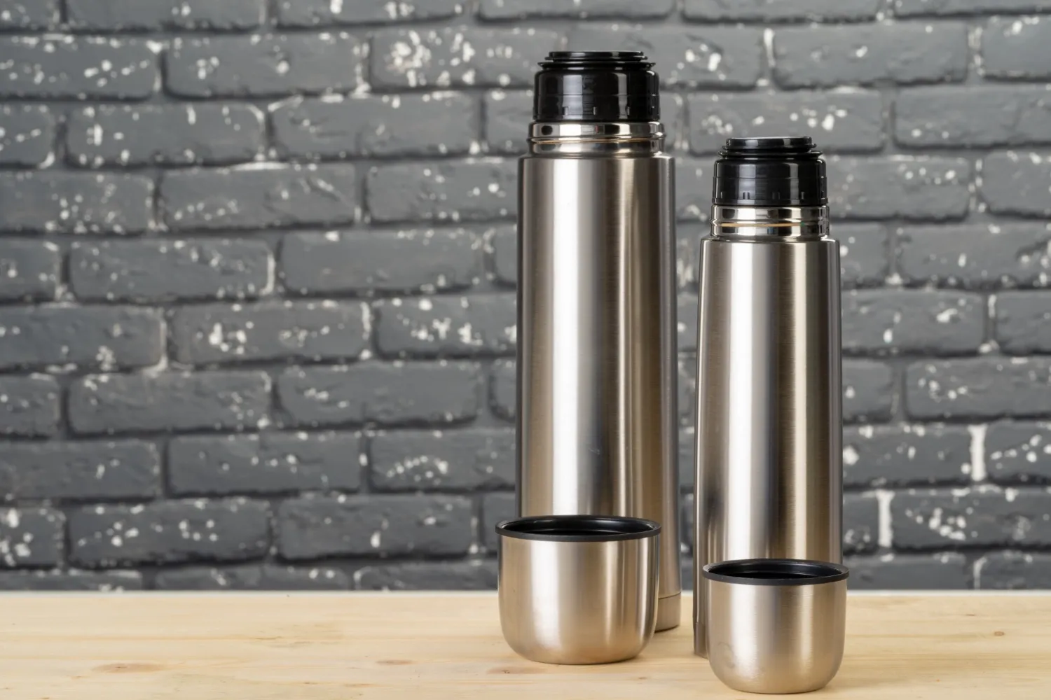 Aluminum metal thermos container bottle close up on table
