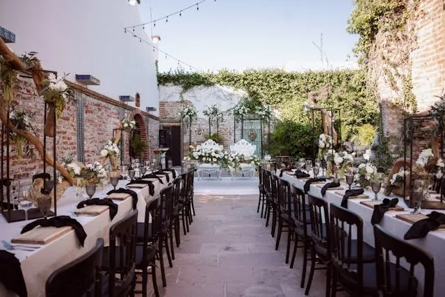 an elegant courtyard wedding setup for rain plan for outdoor event