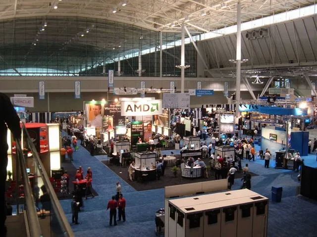 a wide angle shot of a trade fair for trade show booth ideas