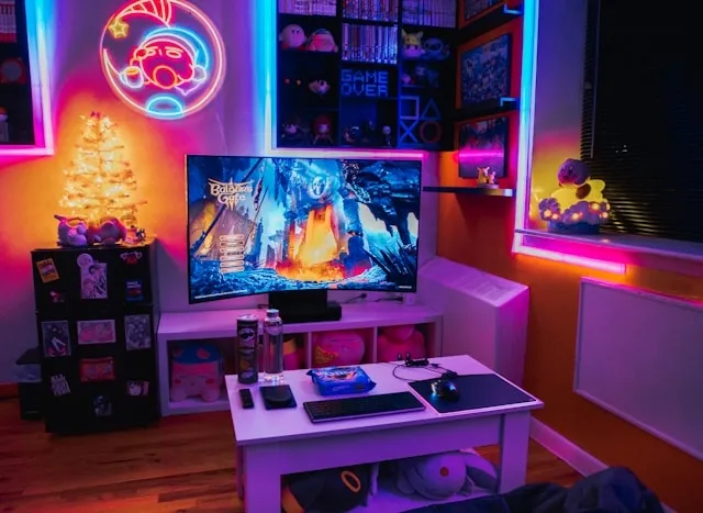 a brightly-colored gaming space for neon gaming setup