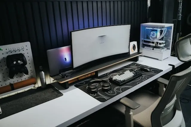 a gaming computer setup for mouse pad material