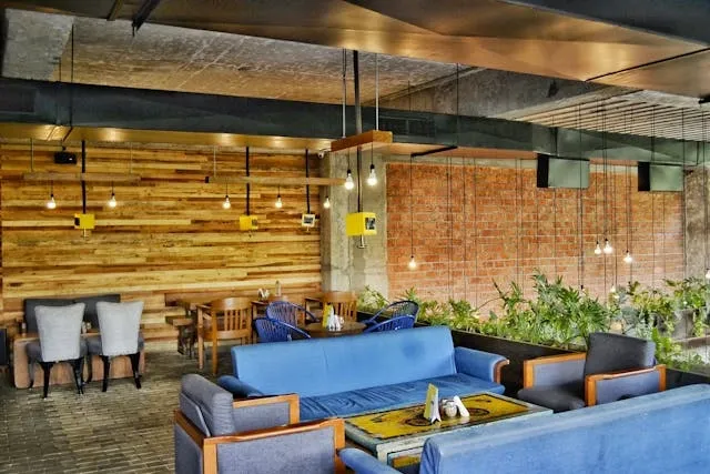 blue sofas under hanging light bulbs for cafe decor ideas