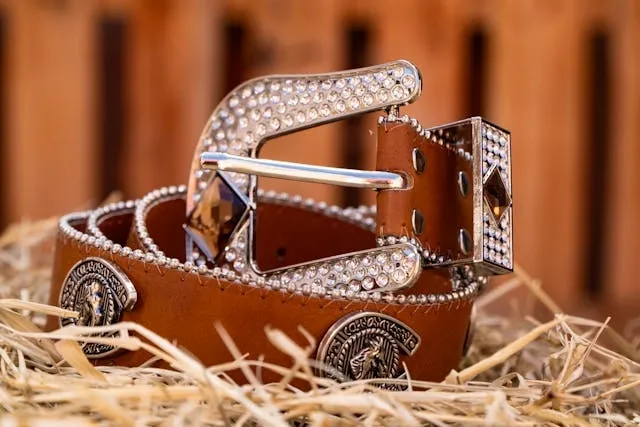an ornate diamonte belt buckle on a leather belt for types of belt buckles