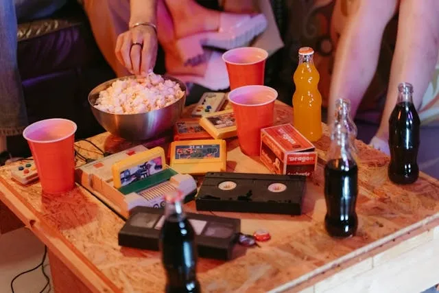 bottles of soda on a wooden table for 80s theme birthday party