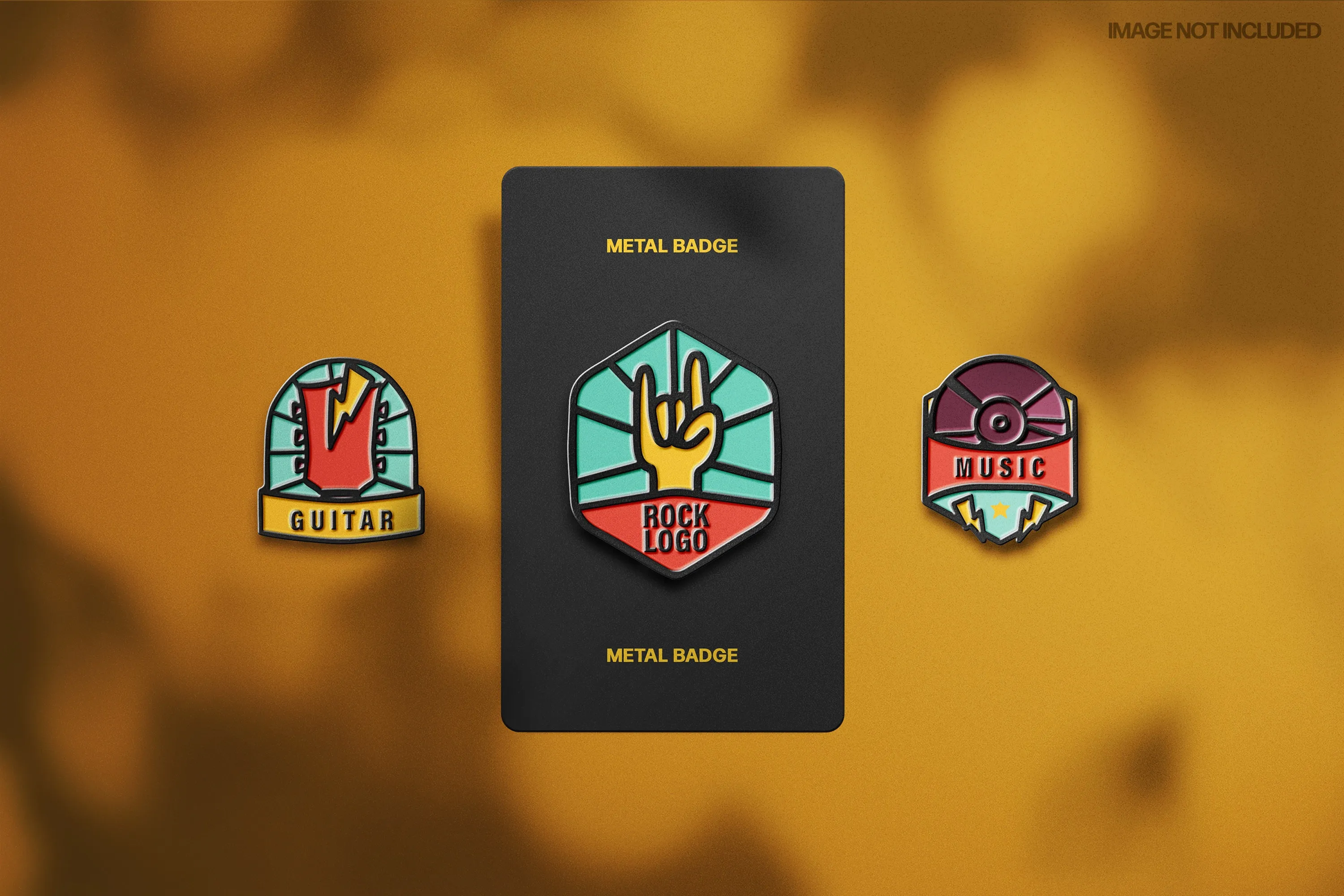 Metallic enamel pins mockup scene with shadow overlay