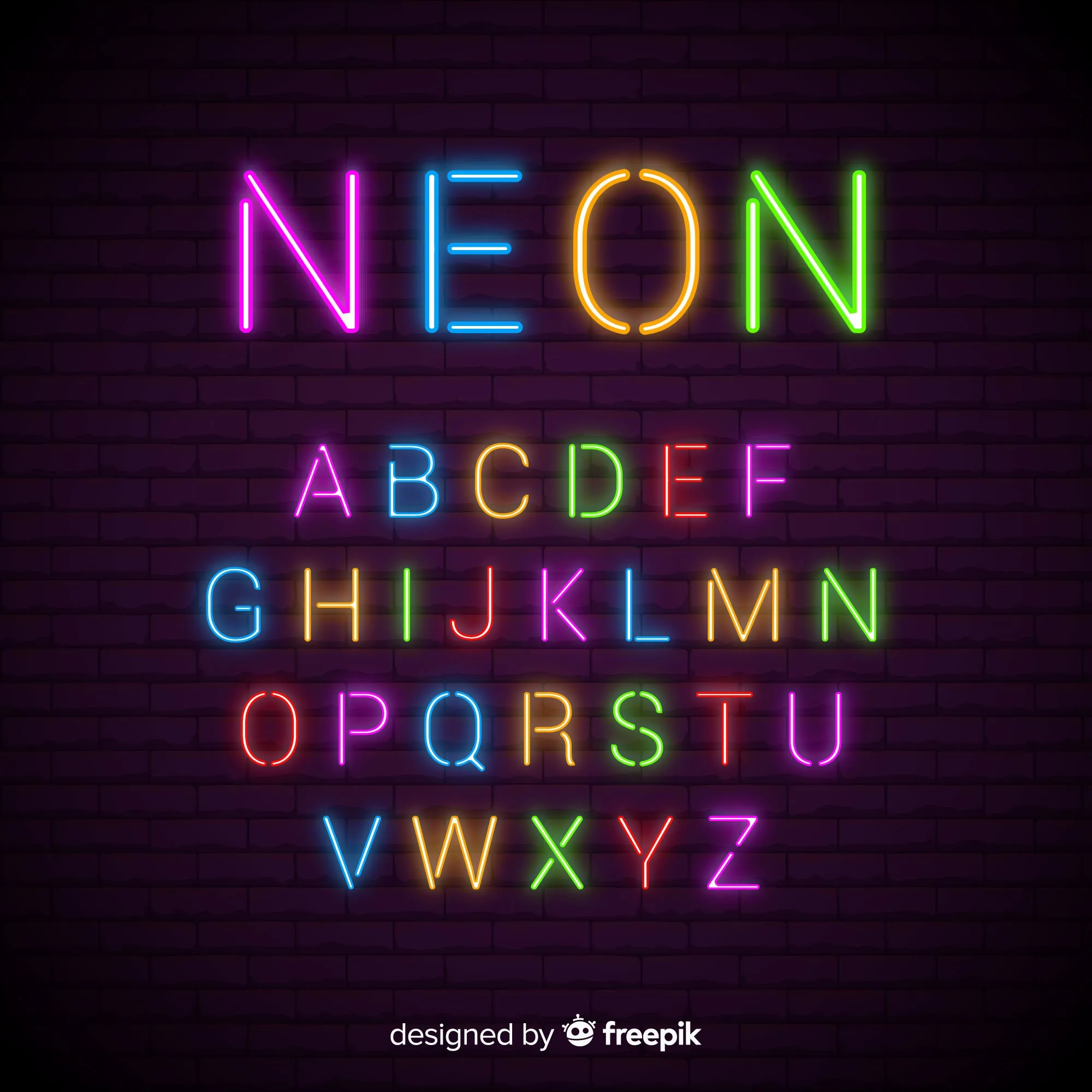 Vector neon alphabet template flat design