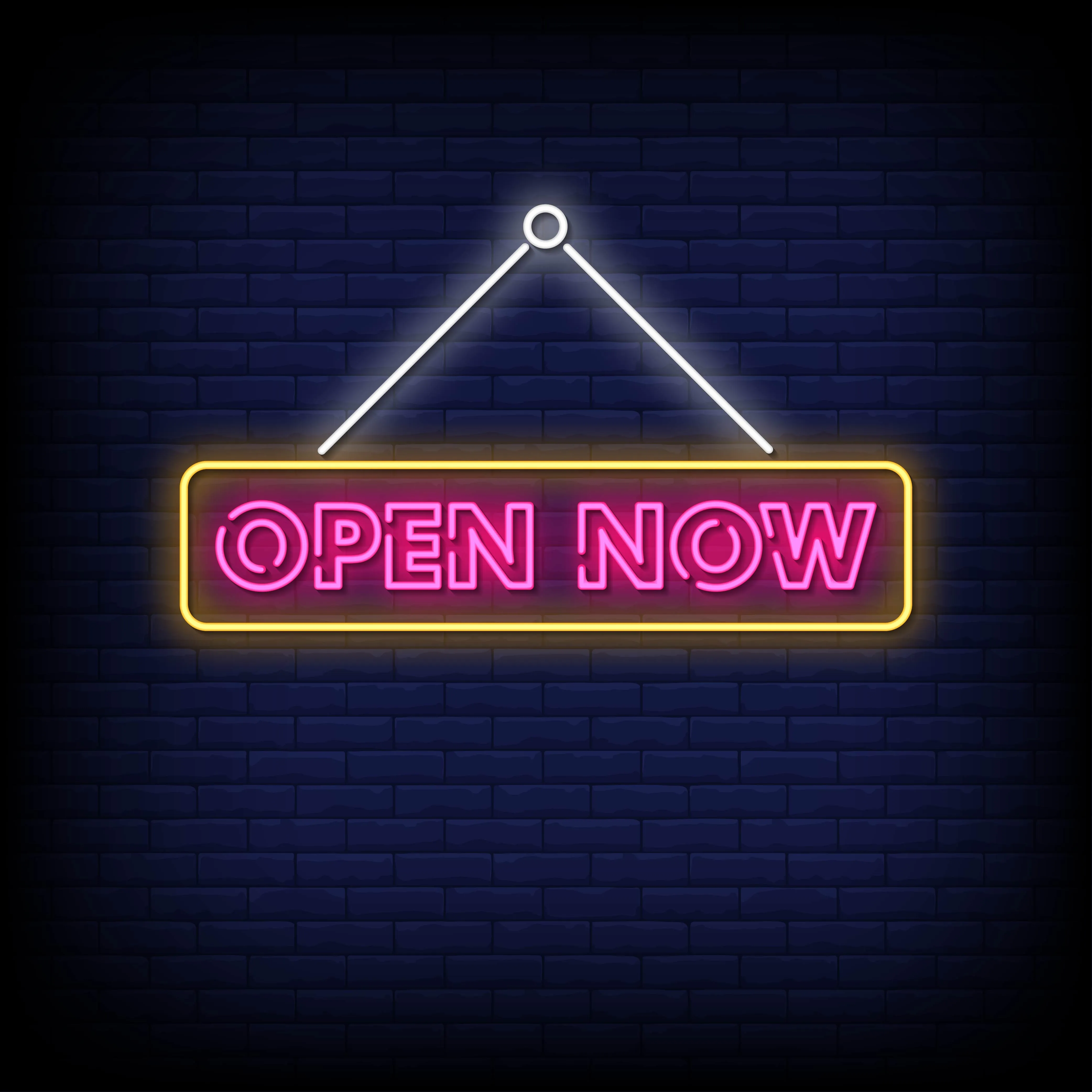Open now neon signs style text vector