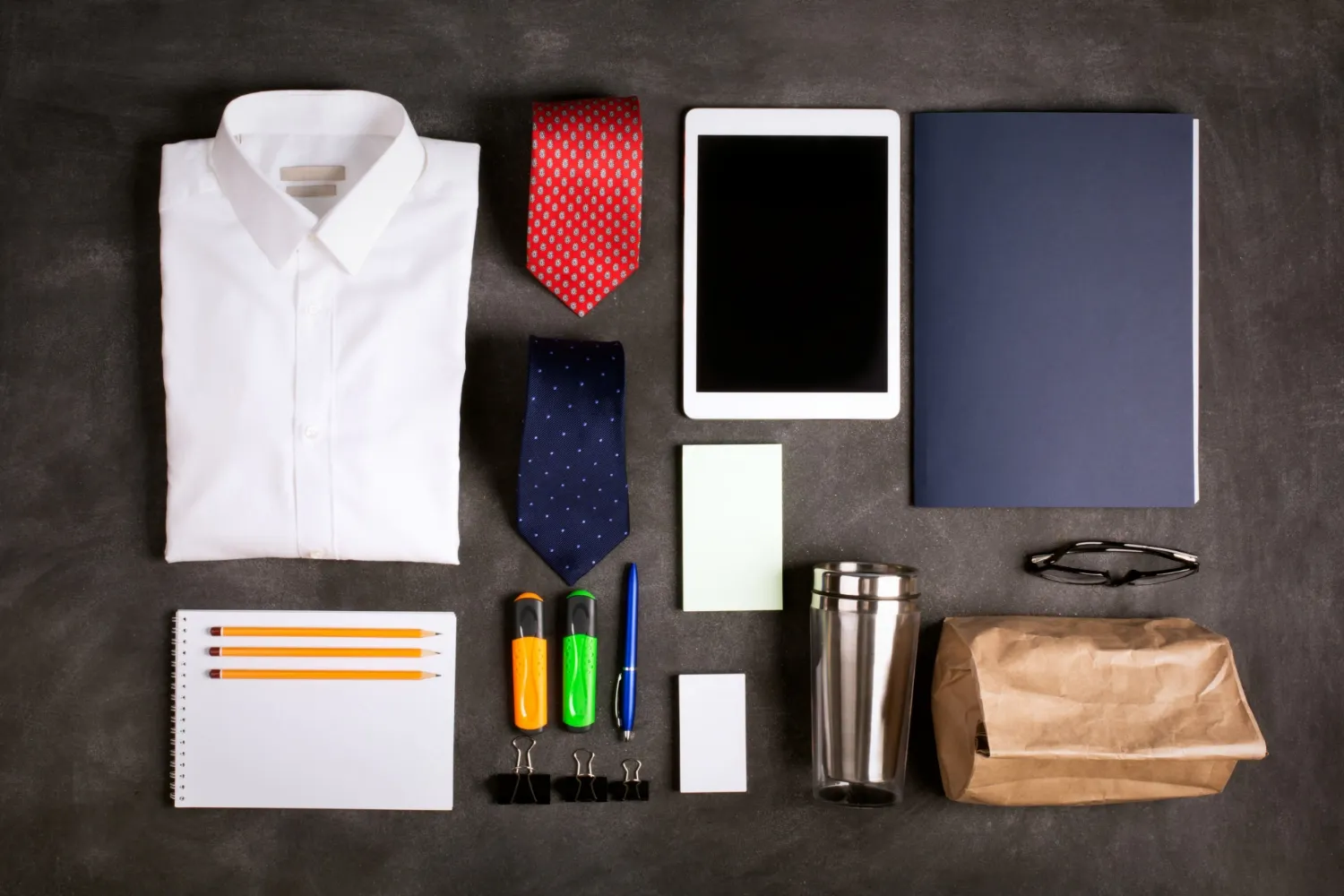 Business objects on the desk, top view