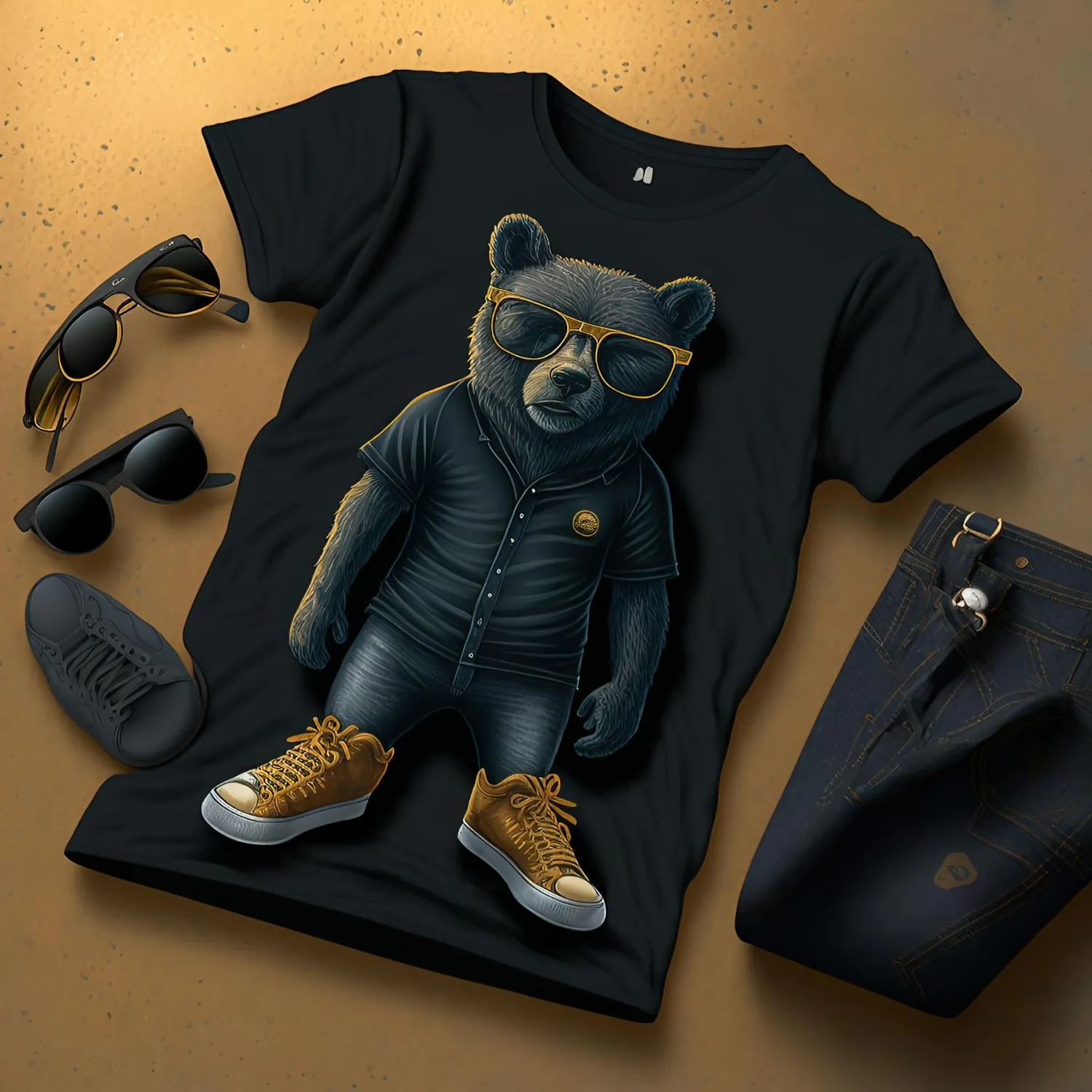 Cartoon bear cub in sunglasses black tshirt jeans