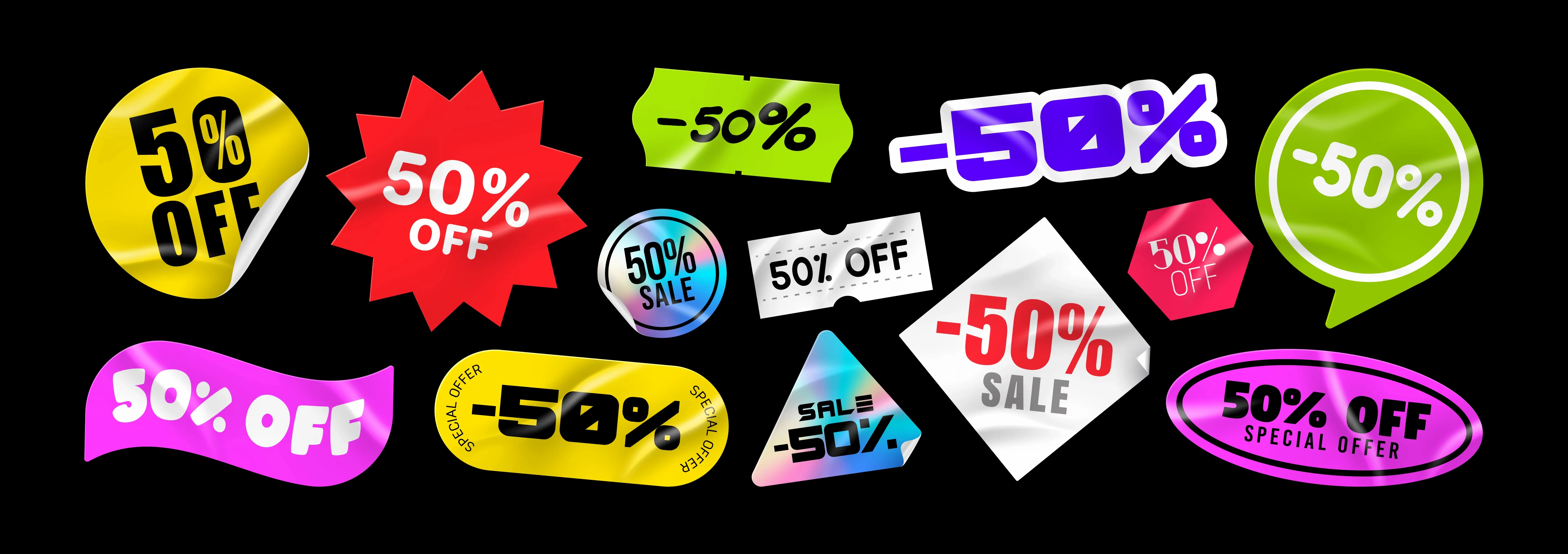 Sticker pack price stickers sale 50 off peeled paper stickers price tag isolated on black background
